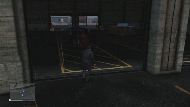 Sneak into the warehouse from behind.