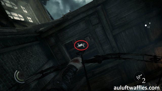 Shoot a Rope Arrow at the Highlighted Beam to get into the Watch Customs Office in A Grave Matter in Thief 2014