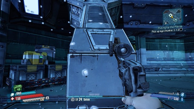 Jump, run forwards and boost at this pillar to climb up to the platform to pick up the eye chunk in Picking Up the Pieces in Borderlands: The Pre-Sequel.