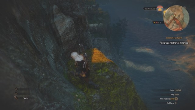 Jump down to the platform and go up the three ledges ahead to find another way in Attre Villa in Broken Flowers in Witcher 3 Wild Hunt.