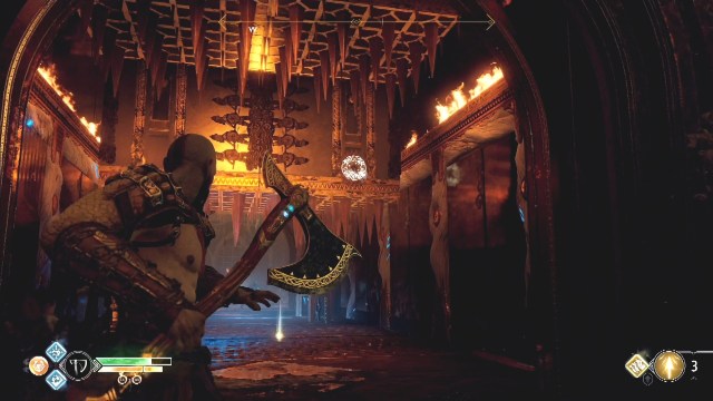 Freeze the middle spikes in the top position to break the chains in A Path to Jotenheim in The Journey in God of War.