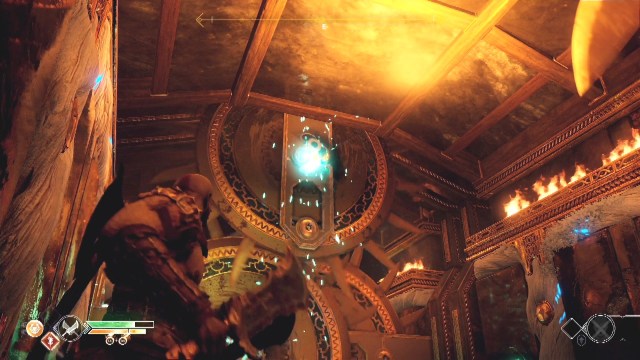 Take the winds of hel from the wheel in the top position to break the chains in A Path to Jotenheim in The Journey in God of War.