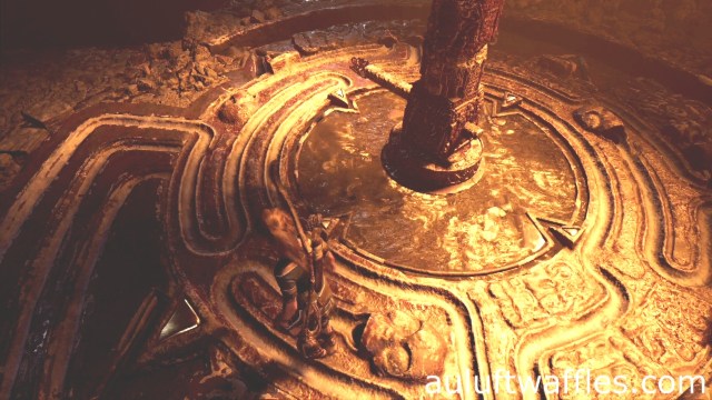 Align the pillar with the handle to allow liquid to flow from it to the other pillar to complete the trial of the serpent in the hidden city in the head of the serpent in Shadow of the Tomb Raider