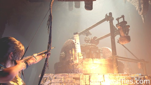 Use a rope arrow to pull the lever to release the liquid to complete the trial of the serpent in the hidden city in the head of the serpent in Shadow of the Tomb Raider 