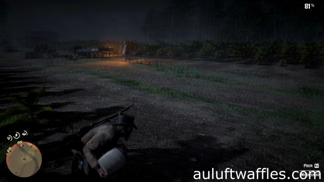 Wait for the guard to head west and cross to the next tobacco field to douse the tobacco fields with moonshine undetected in The Fine Joys of Tobacco for Hosea in Red Dead Redemption 2