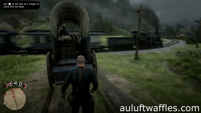 Climb onto the back of the wagon to sneak into the factory undetected in American Fathers 2 for Eagle Flies in Red Dead Redemption 2