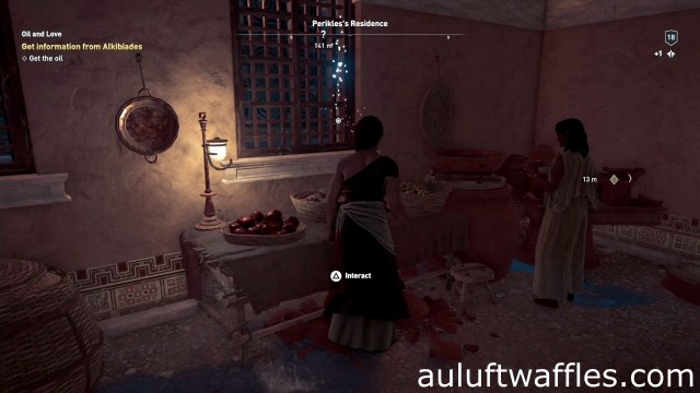 Pick up the oil flask from the kitchen to get the oil to get information from Alkibiades in Oil and Love in Assassin's Creed Odyssey