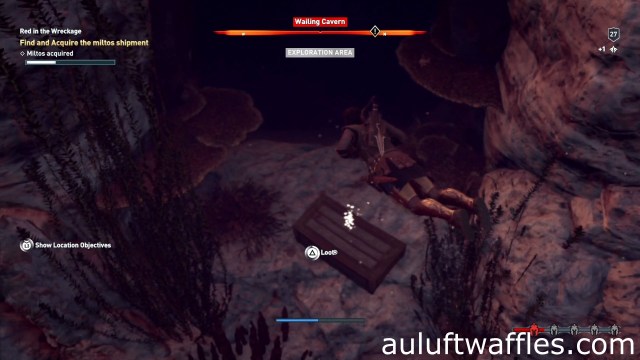 Open the chest in the wreckage to find and acquire the miltos shipment in Red in the Wreckage on Lestris in Assassin's Creed Odyssey