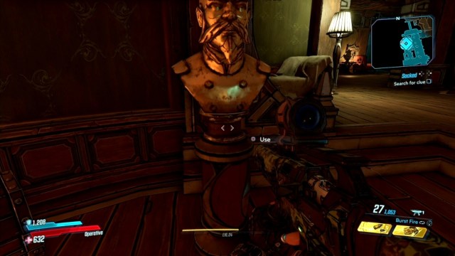 Use the bust and press the button to search for clue in Sacked for Wainwright Jakobs in Jakobs Estate in Borderlands 3