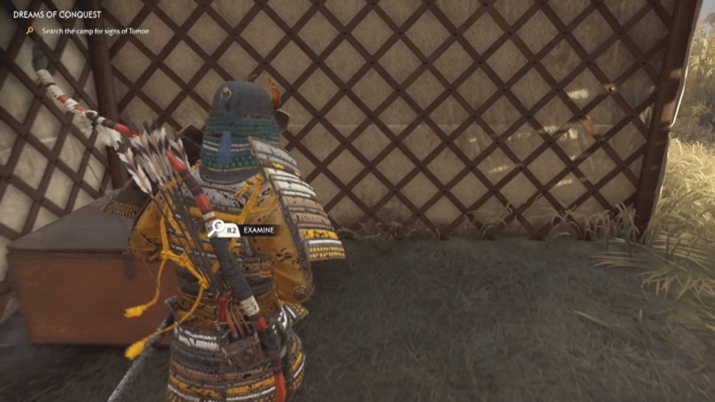 Inspect the scroll on the box to Search the Camp for Signs of Tomoe Dreams of Conquest Ghost of Tsushima